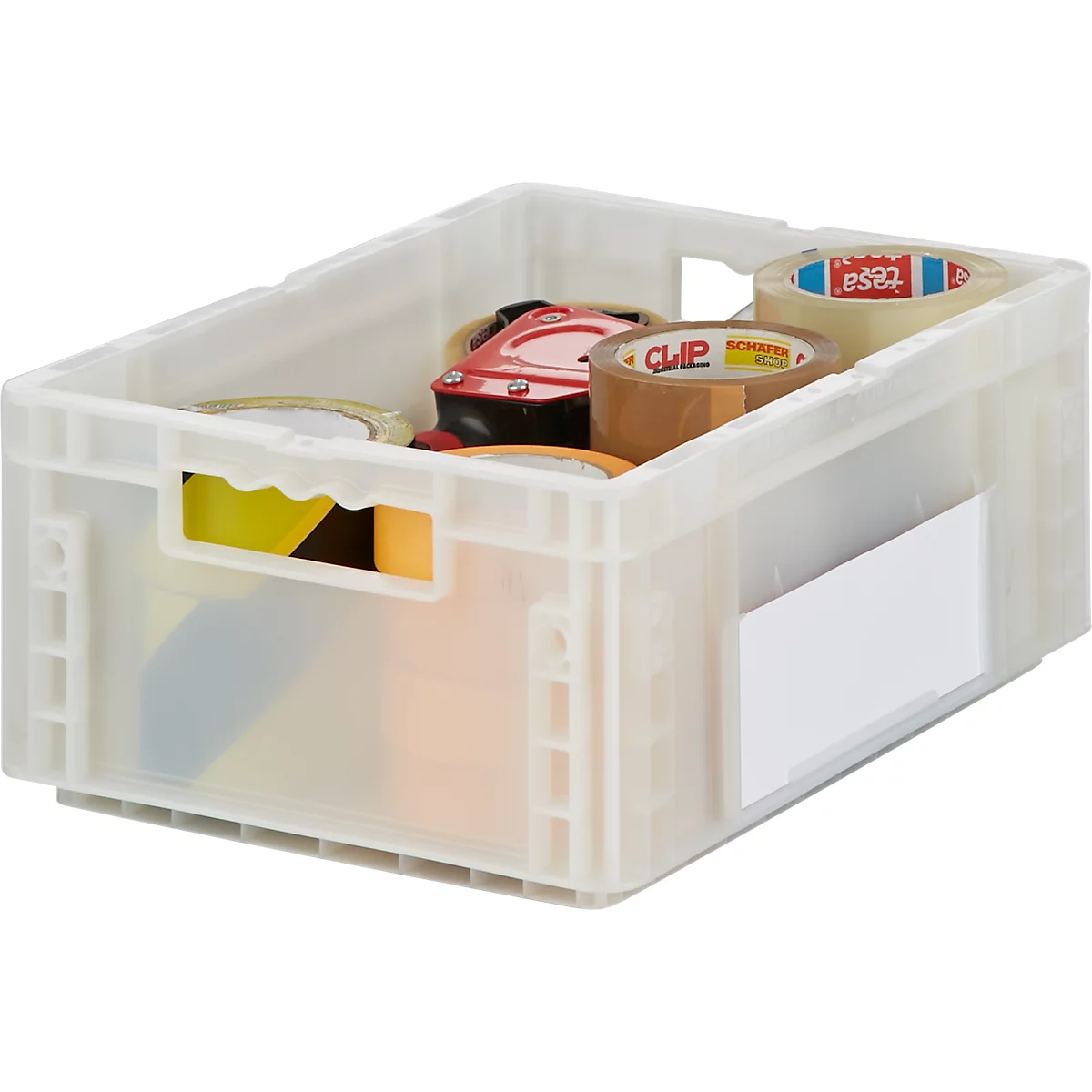 Transparente Kiste mit Klebebändern. Klebebänder verschiedener Marken und Farben liegen in der Kiste.