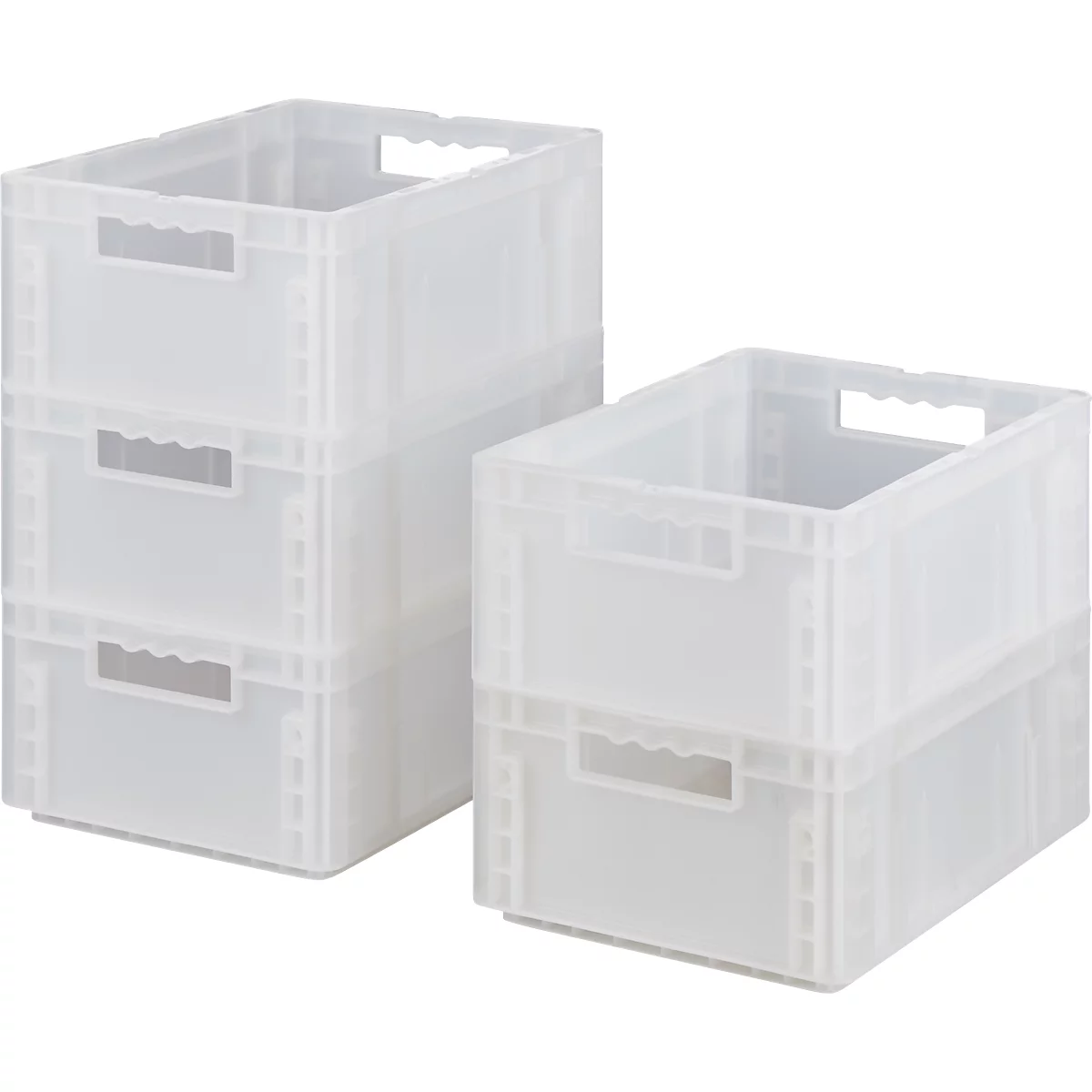 Mehrere transparente Kunststoffboxen, teilweise gestapelt. Die Boxen haben Griffe und eine leicht strukturierte Oberfläche.
