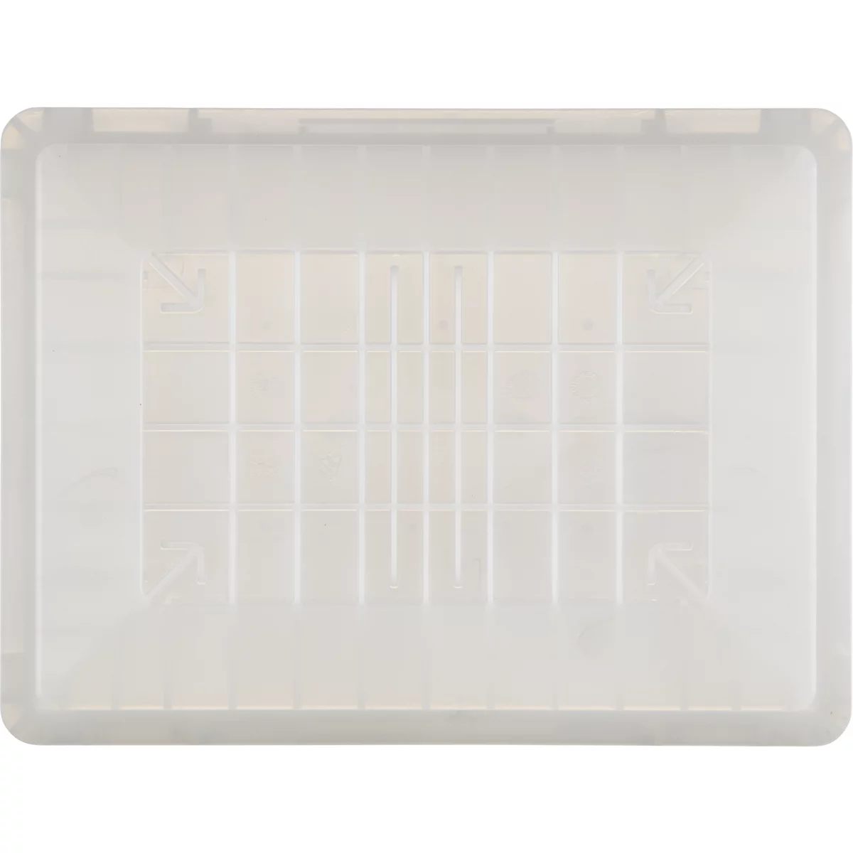 Caisse en plastique rectangulaire et transparente vue de dessus, avec un motif carré à l'intérieur.