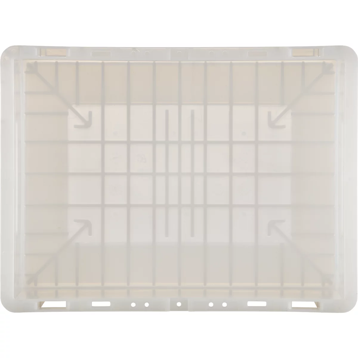 Caisse en plastique gris clair avec un motif quadrillé rectangulaire. Des flèches pointent vers le centre à l'intérieur.