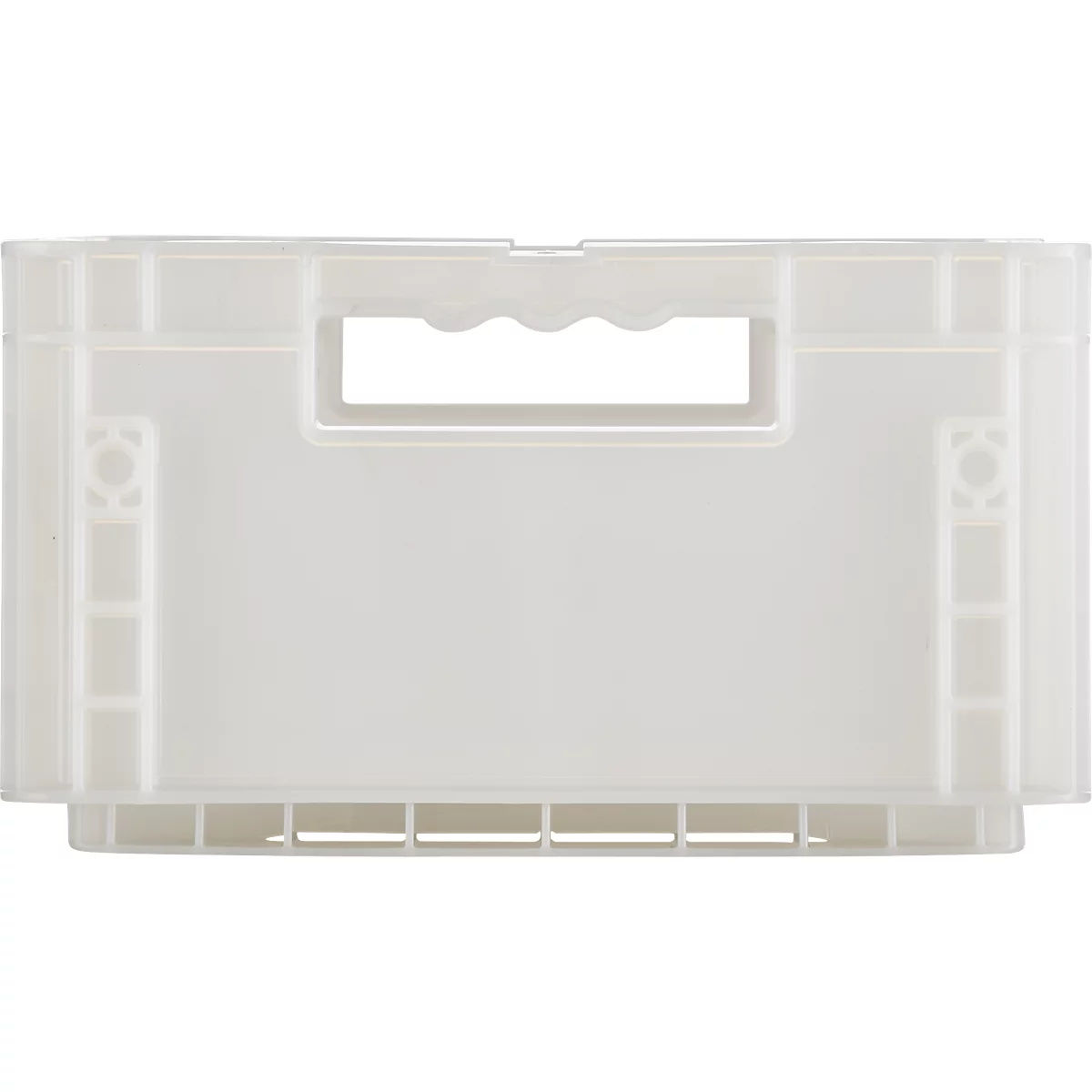 Caisse en plastique blanche et transparente, rectangulaire avec poignée.