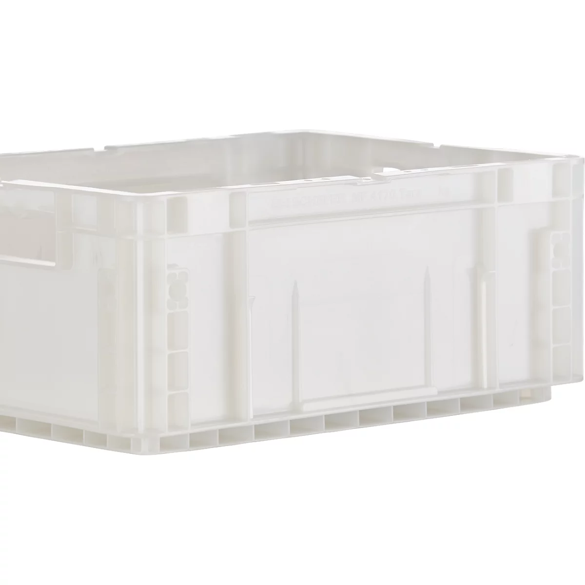 Bac en plastique gris clair, rectangulaire, avec poignées encastrées, fond grillagé et côtés renforcés.