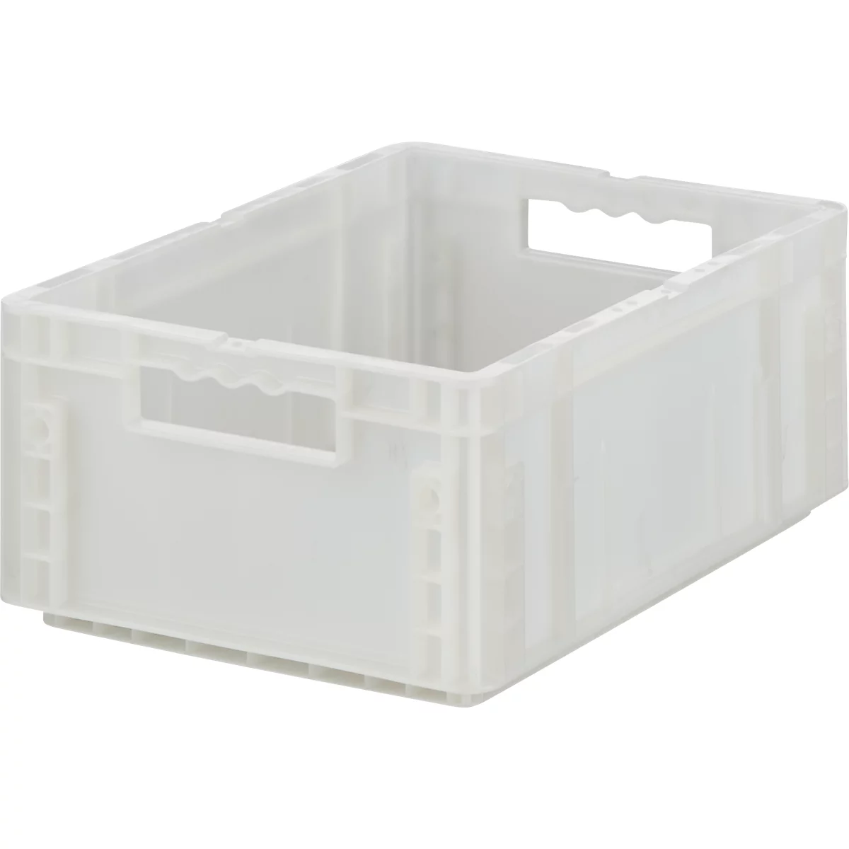 Lichtgrijze plastic box met handgrepen, gefotografeerd vanaf de zijkant.