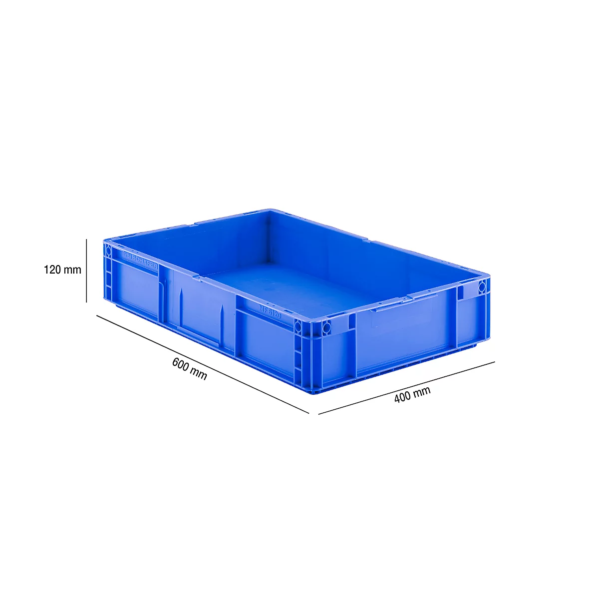 Blaue Kunststoff-Lagerbox mit Maßangaben 600x400x120 mm auf weißem Hintergrund.
