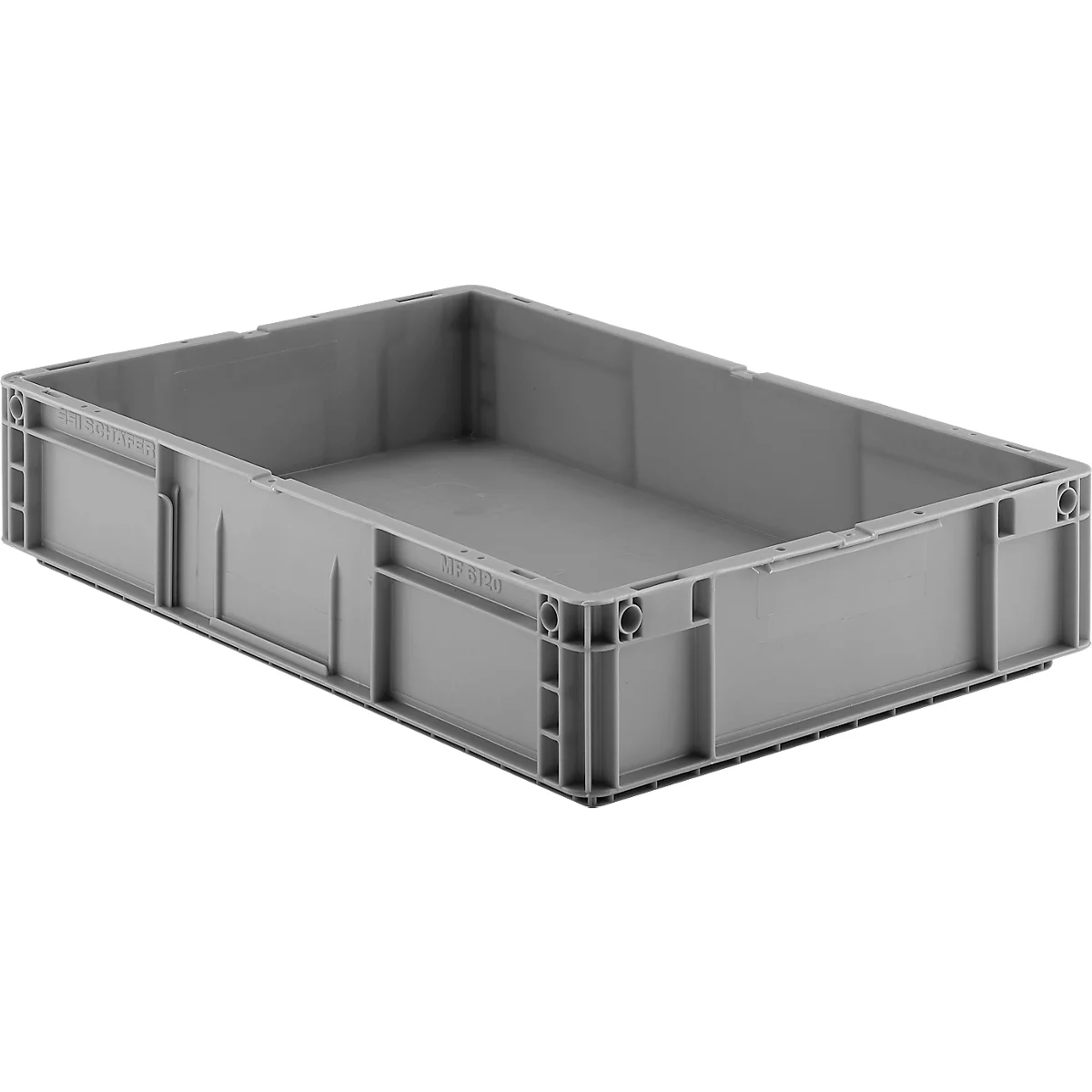 Graue, leere Kunststoffbox für Lagerung und Transport vor neutralem Hintergrund.