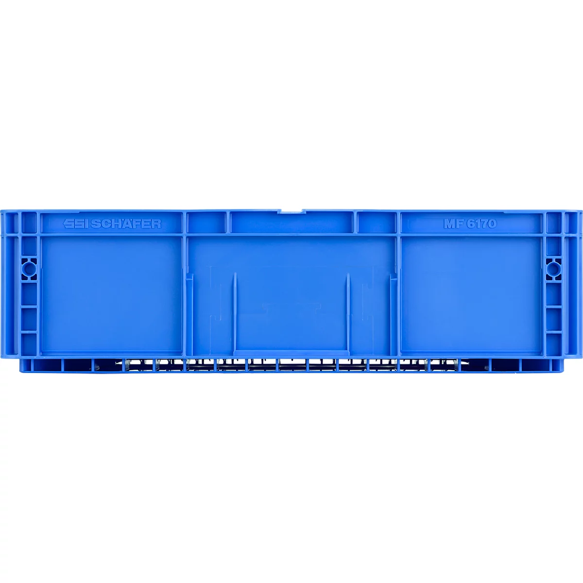 Blaue Kunststoff-Lagerbox von SSI Schäfer, Typ ME 6170, in Vorderansicht vor neutralem Hintergrund.