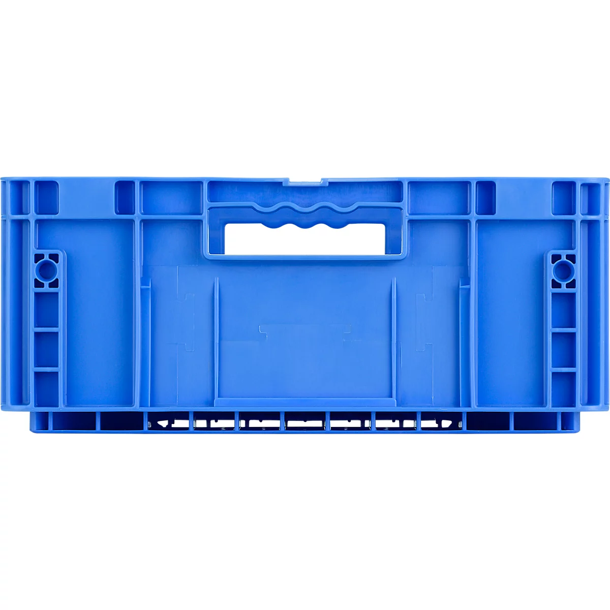 Blaue Kunststoff-Transportbox mit integriertem Tragegriff in der Seitenwand.
