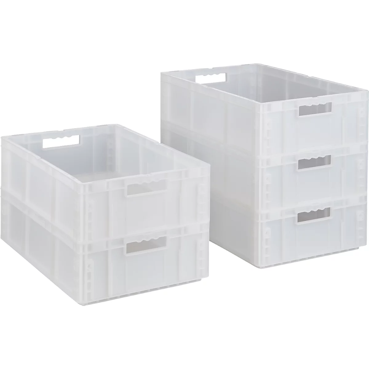 Zwei stapelbare, transparente Kunststoffboxen. Eine Box ist zweifach, die andere dreifach gestapelt.