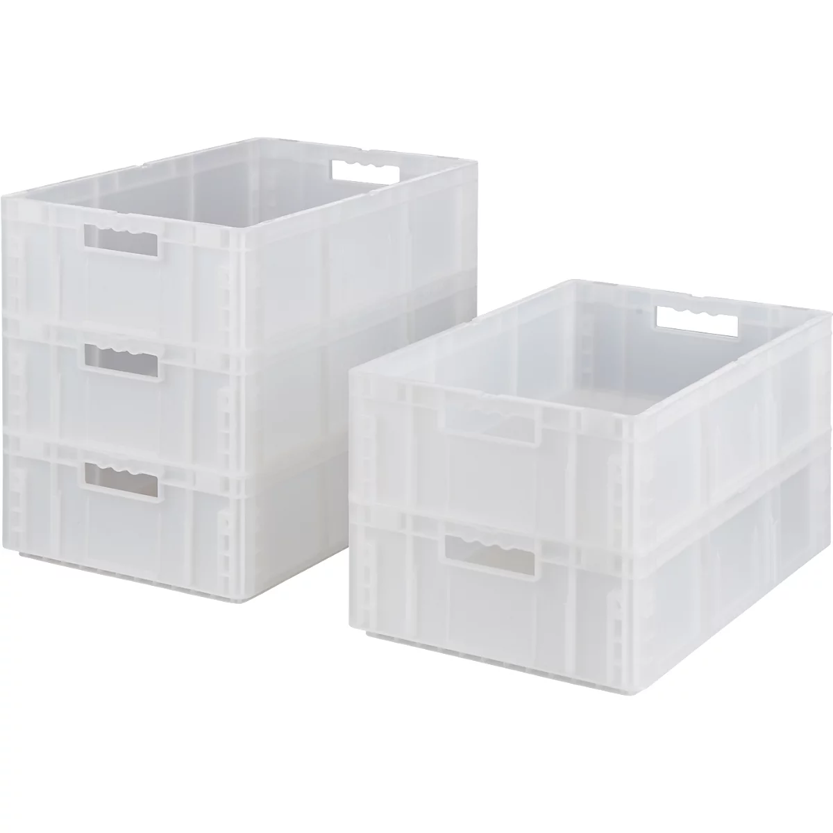 Zwei transparente Kunststoffboxen, eine gestapelt, die andere daneben.