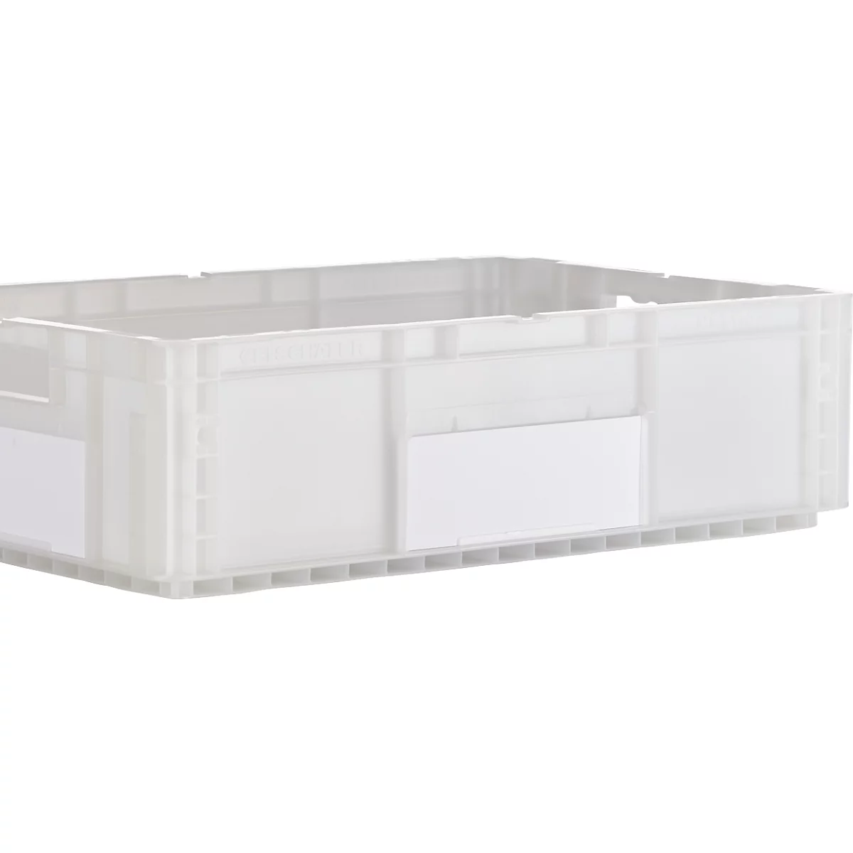 Graue Kunststoffbox mit rechteckiger Form und weissem Etikett.