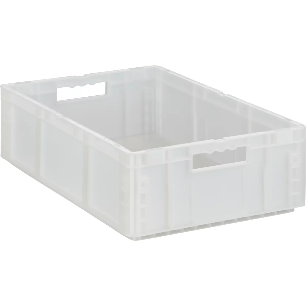 Boîte en plastique transparent avec des ouvertures de poignée sur les côtés. La boîte est vide.