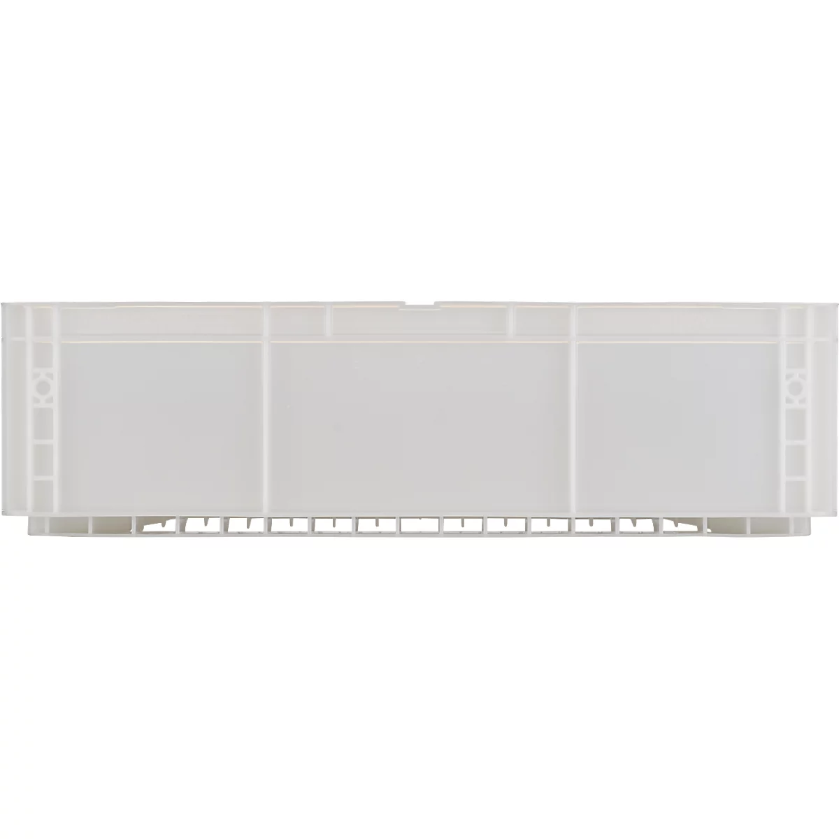 Boîte en plastique rectangulaire gris clair, photographiée d'en haut. Structures sur les côtés et le fond, dessus lisse.