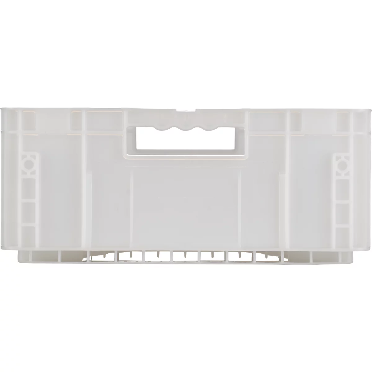 Boîte en plastique blanc avec encoche pour poignée, vue détaillée.