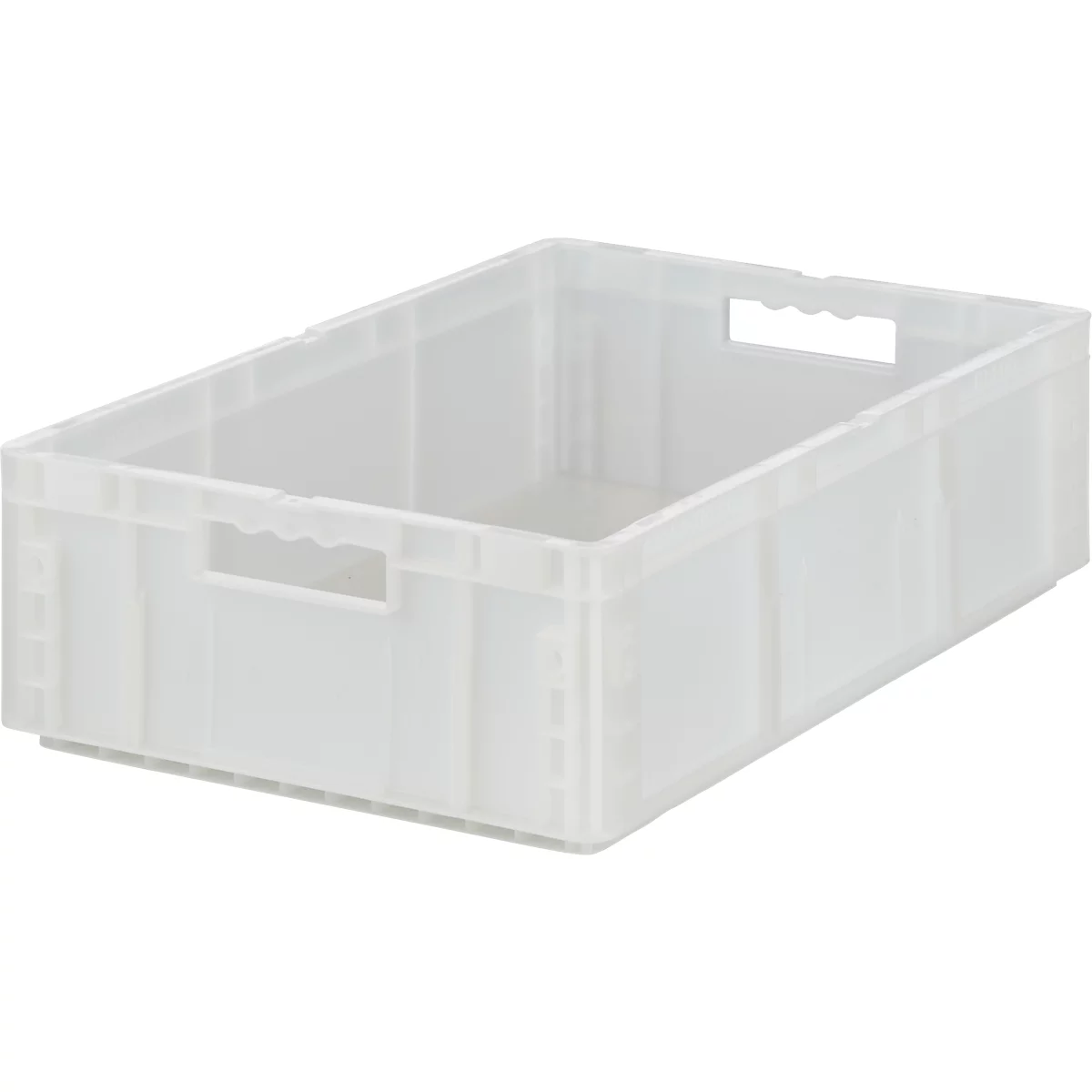 Transparante plastic box met handgreepopeningen.