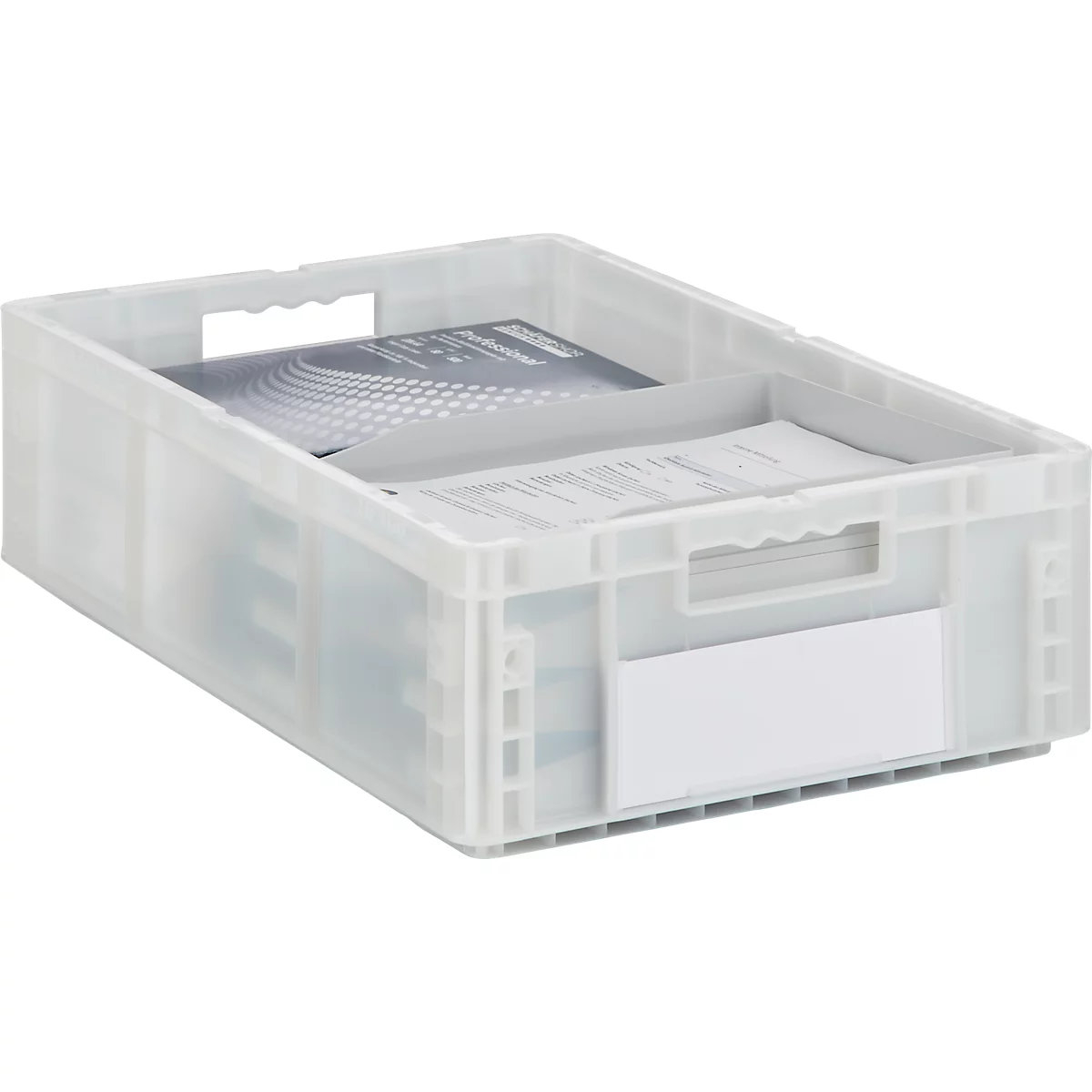 Grijze plastic doos met documenten, scheidingswand, handgreepopeningen en leeg etiket.