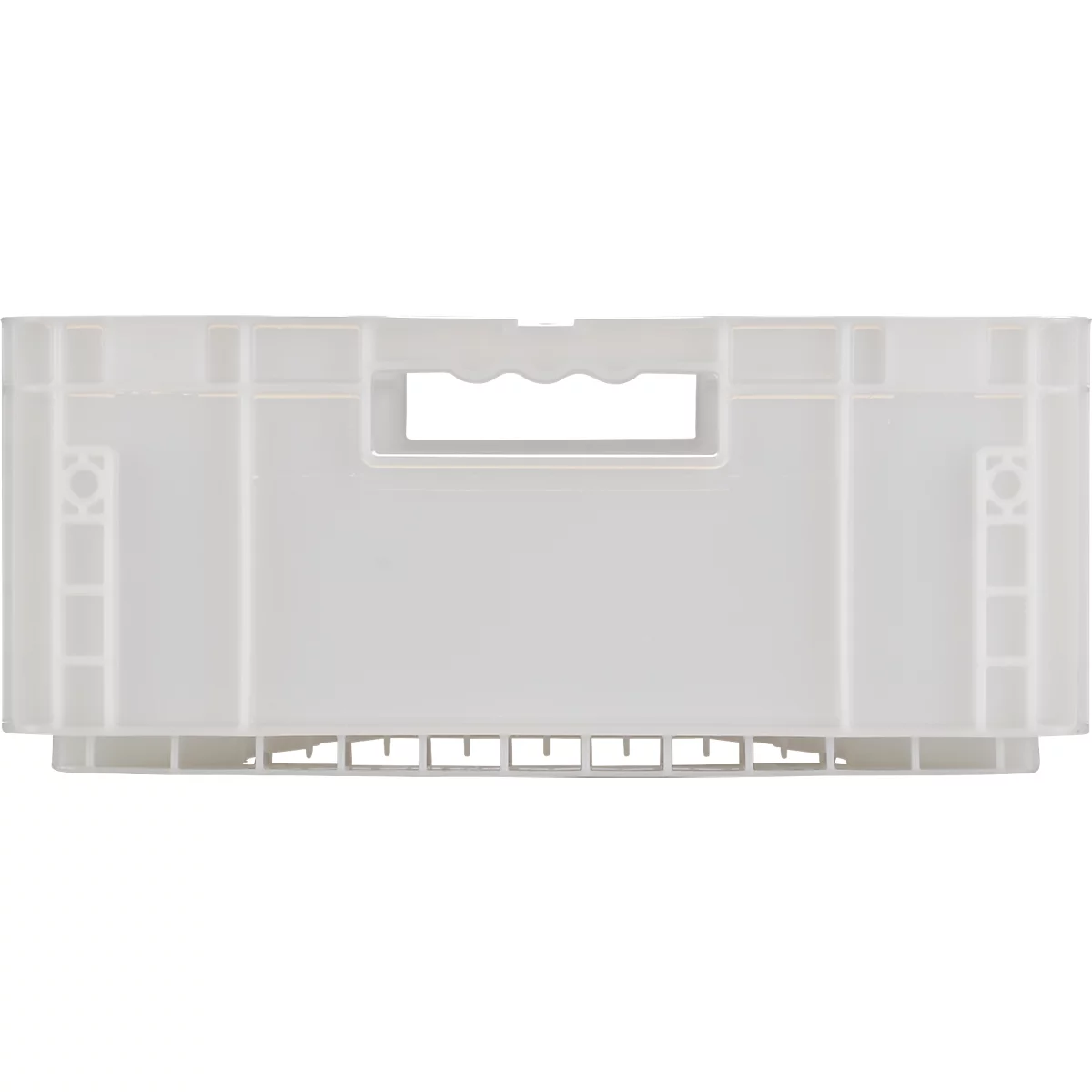 Lichtgrijze plastic krat met handgreepopening. Structuren aan de zijkanten en onderkant.