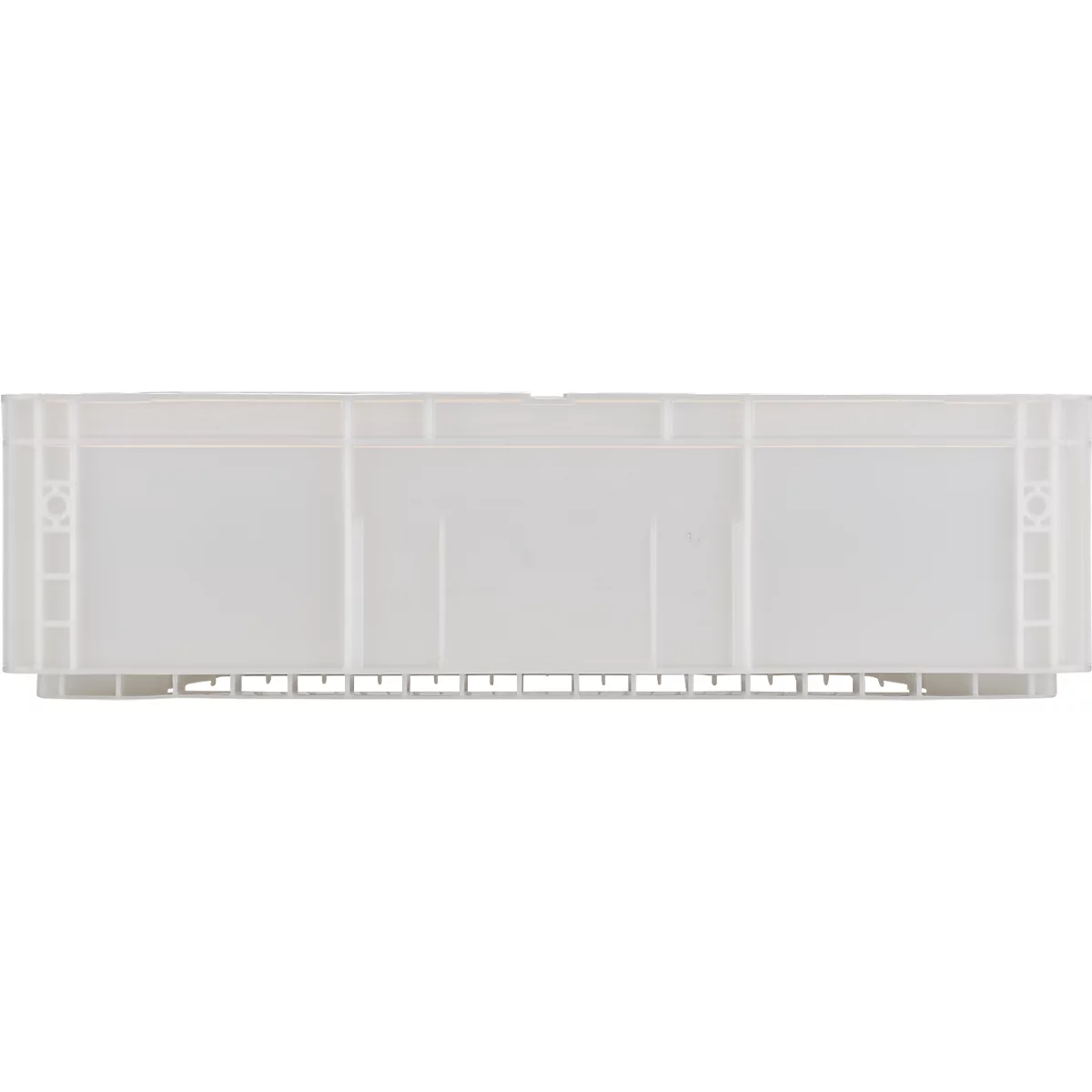 Witte opbergmand, vooraanzicht. De mand heeft een rechthoekig frame, aan de onderkant afgewerkt met horizontale staven.