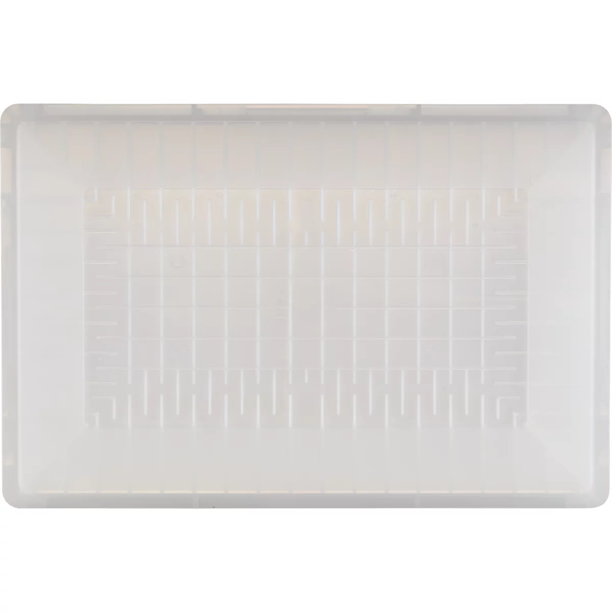 Rechthoekige, transparante plastic doos met een vierkant roosterpatroon en verticale groeven.