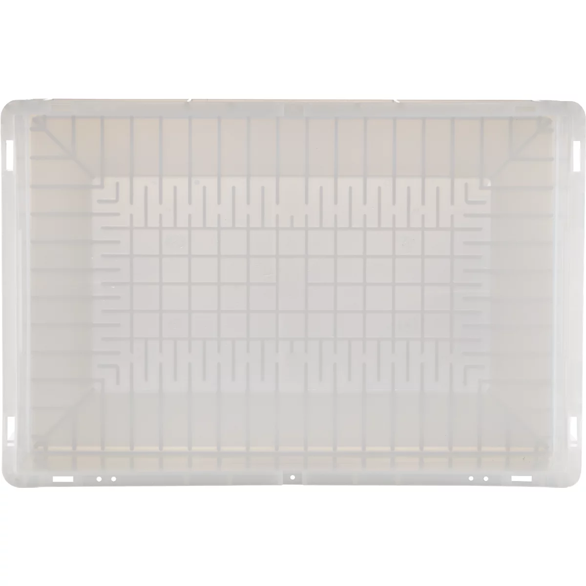 Transparante rechthoekige plastic doos met rasterpatroon. Hoeken en zijkanten zijn afgerond.