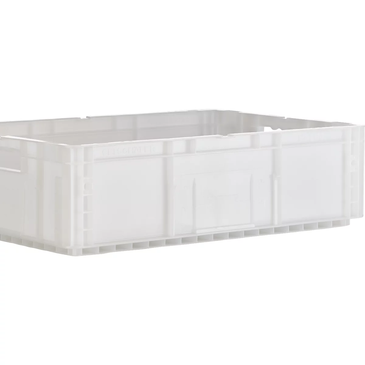 Een rechthoekige, grijze plastic box. Zijwanden met verticale spanten. Een raster aan de onderkant.