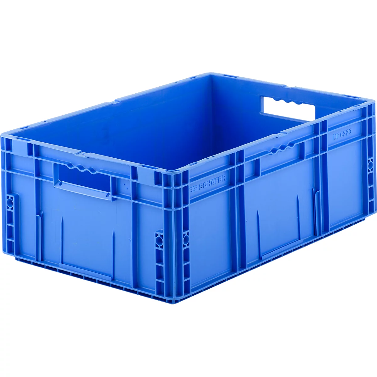 Blaue Kunststoffbox mit Griffen und rechteckiger Form. Detailansicht.