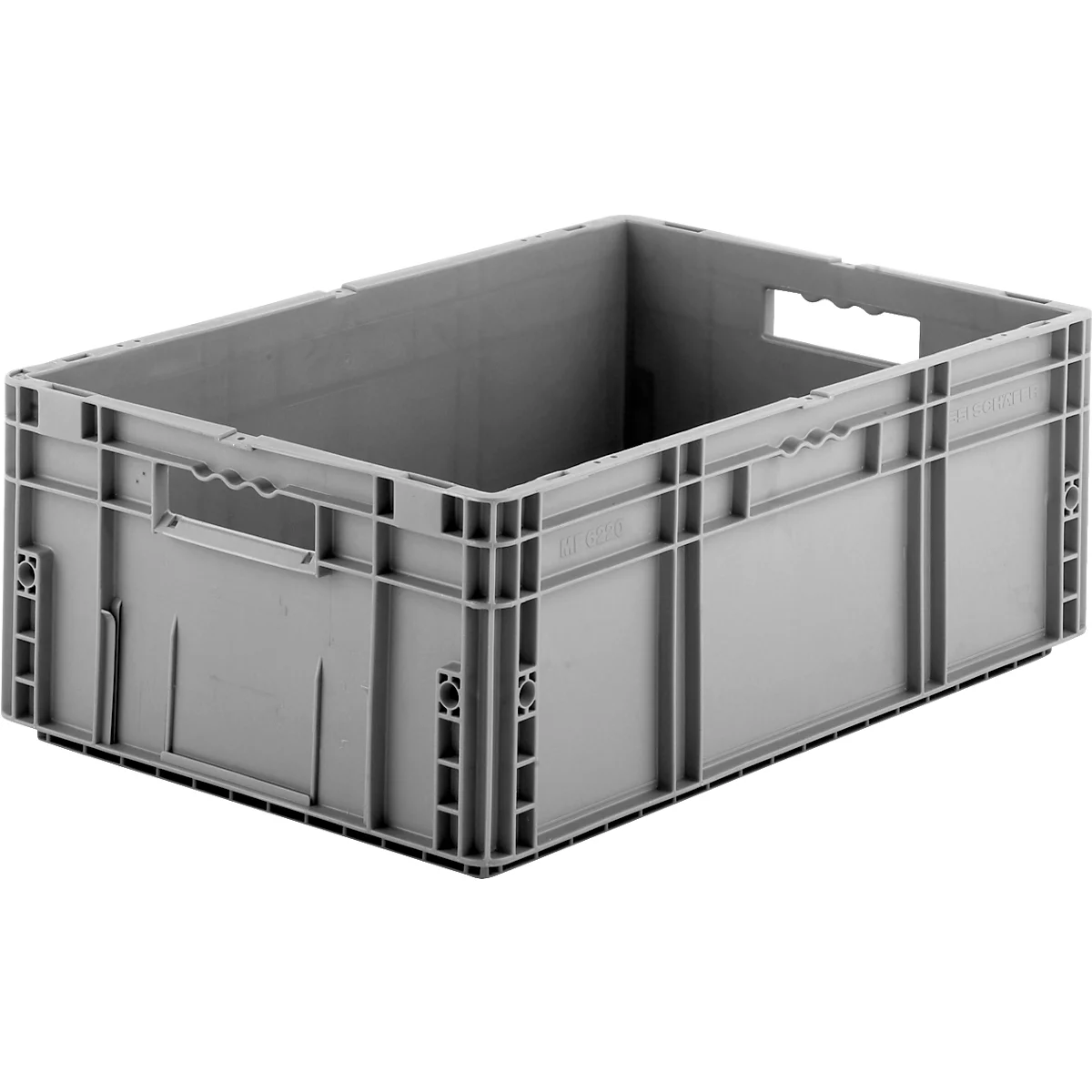 Graue Kunststoffbox mit Griffen, rechteckig, leer.