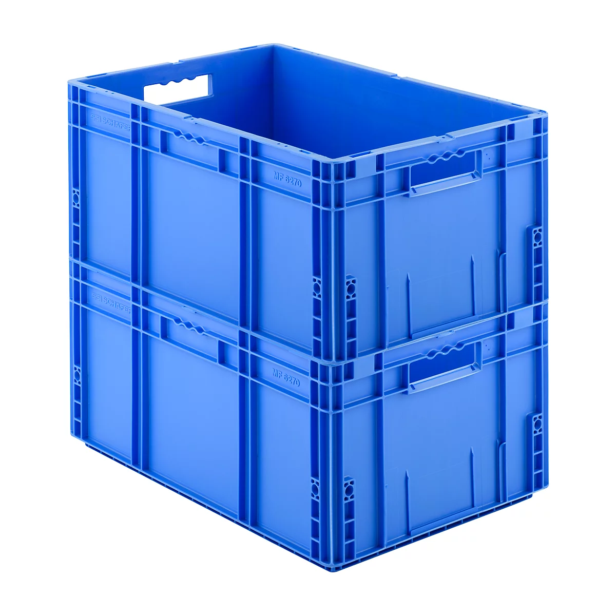 Zwei aufeinandergestapelte blaue Kunststoff-Transportboxen vor weißem Hintergrund.