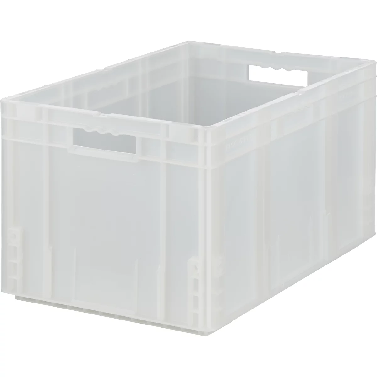 Transparente Kunststoffbox, rechteckig, mit Griffen an den Seiten und oben offen.
