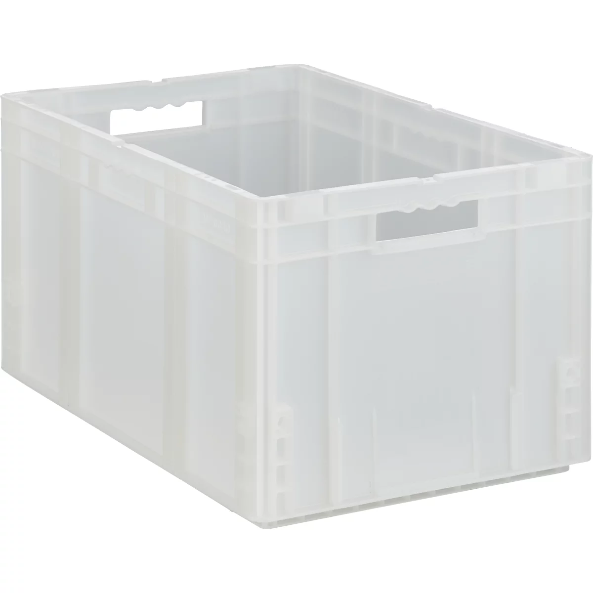 Transparente Kunststoffbox mit Griffen an den Seiten.