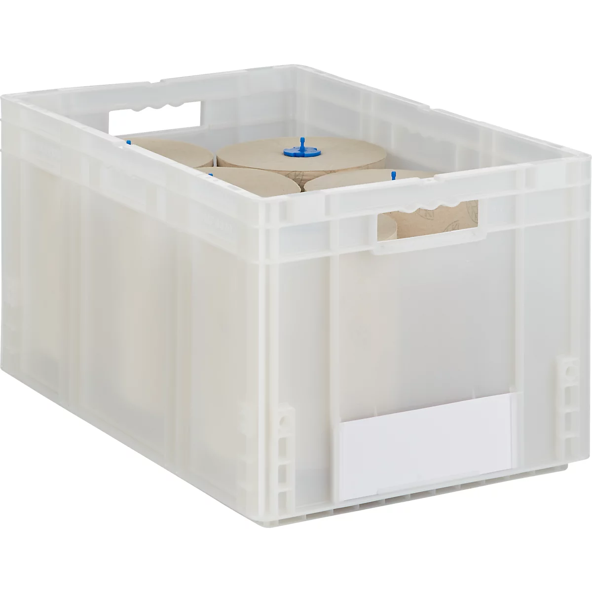 Transparente Kunststoffbox mit Rollen. Deckel blau. Grifföffnungen und weißes Schild.