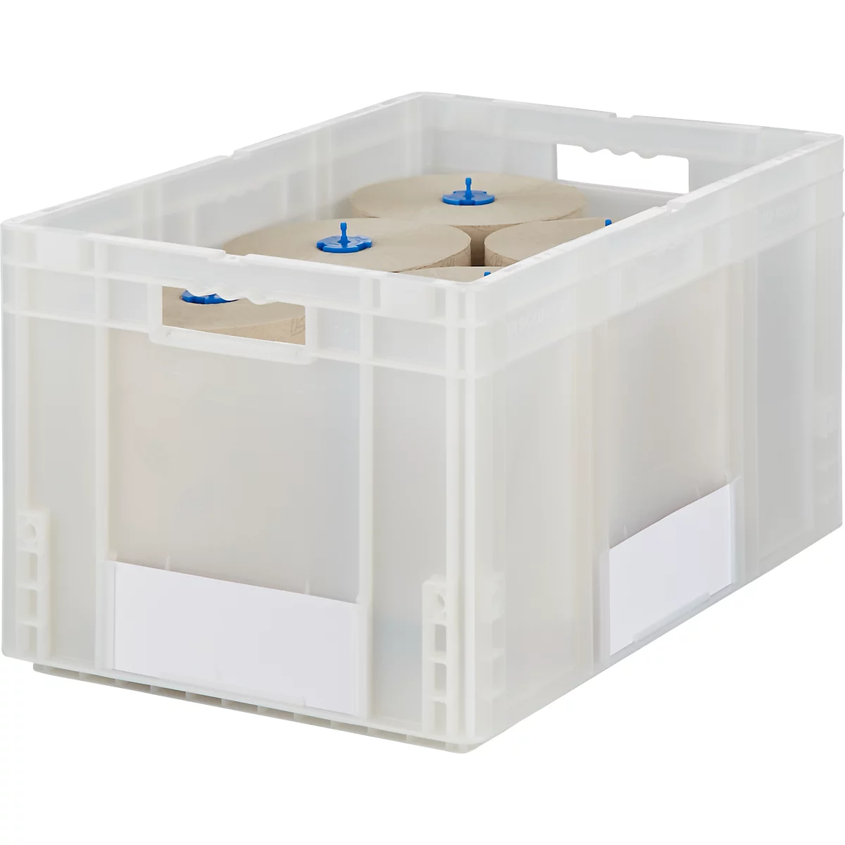 Transparente Kunststoffbox mit Papierrollen; oben blau gekennzeichent, mit Grifföffnungen.