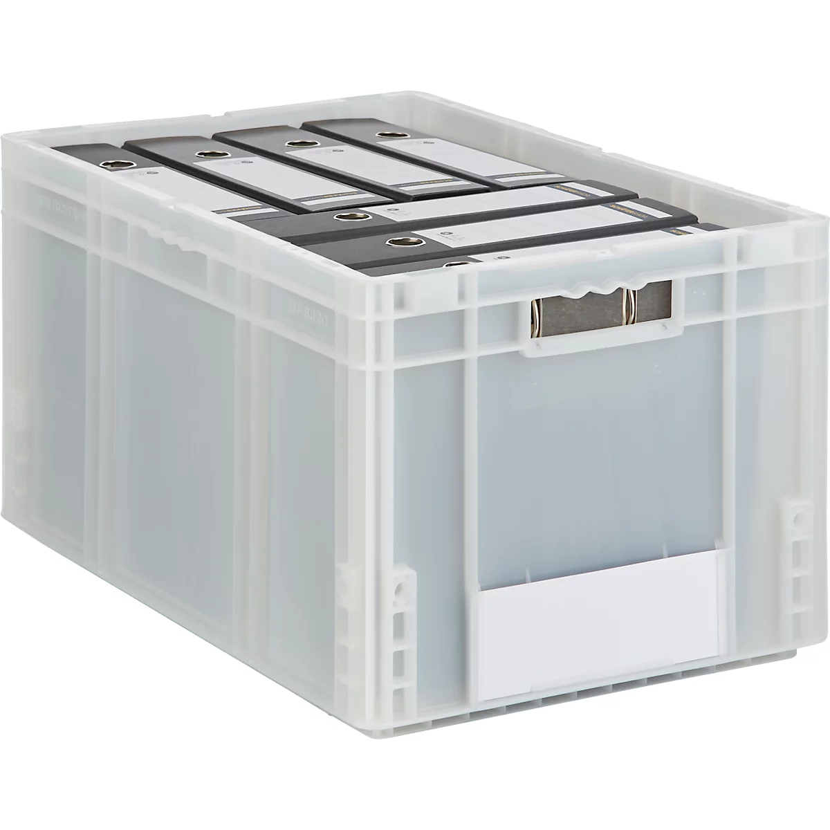 Eine transparente Kunststoffbox, gefüllt mit Aktenordnern. Auf der Box befindet sich ein Griff und ein weisses Etikett.