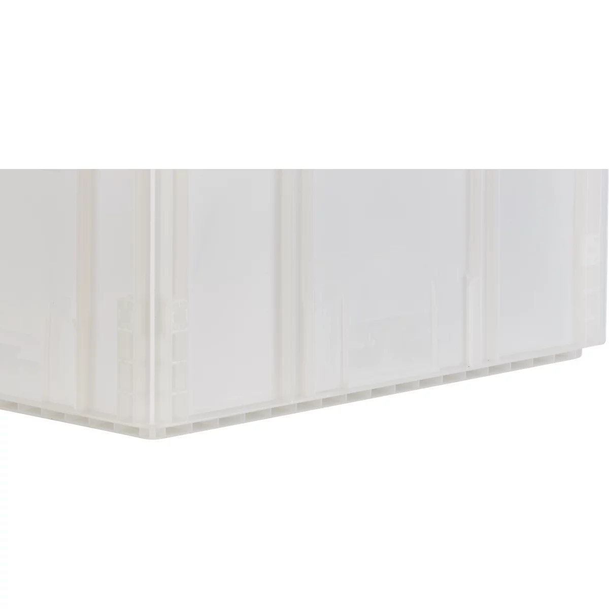 Detailaufnahme einer transparenten Kunststoffbox mit Rippenstruktur. Die Box hat eine wabenförmige Bodenstruktur.