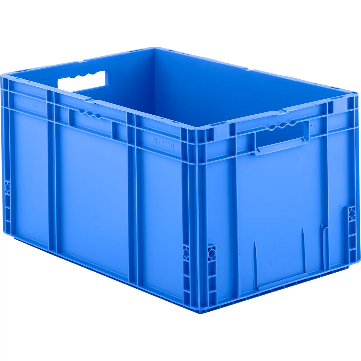 Eine rechteckige, leere blaue Kunststoff-Lagerbox mit seitlichen Tragegriffen.