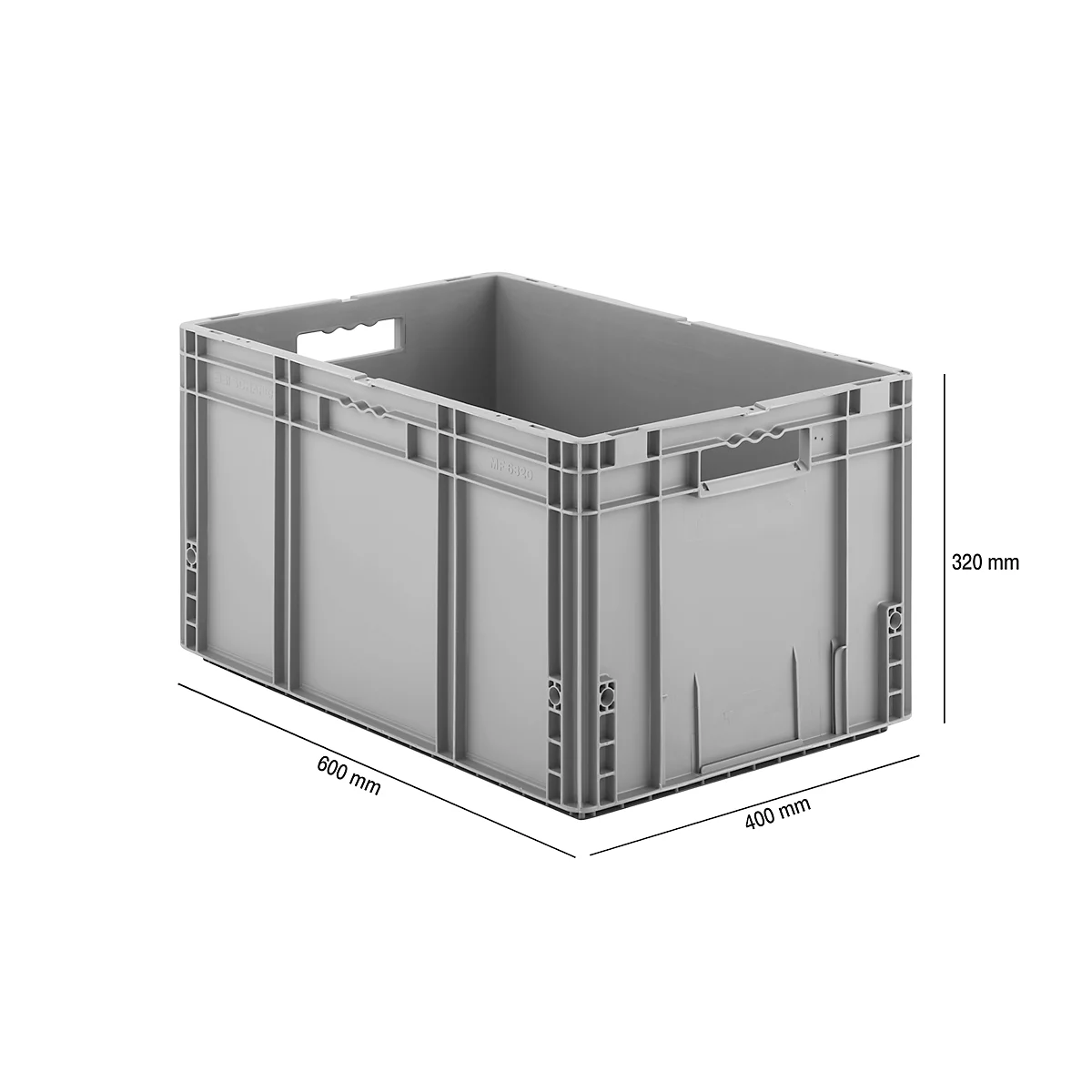 Graue Kunststoff-Transportbox mit Maßangaben 600x400x320 mm auf weißem Hintergrund.