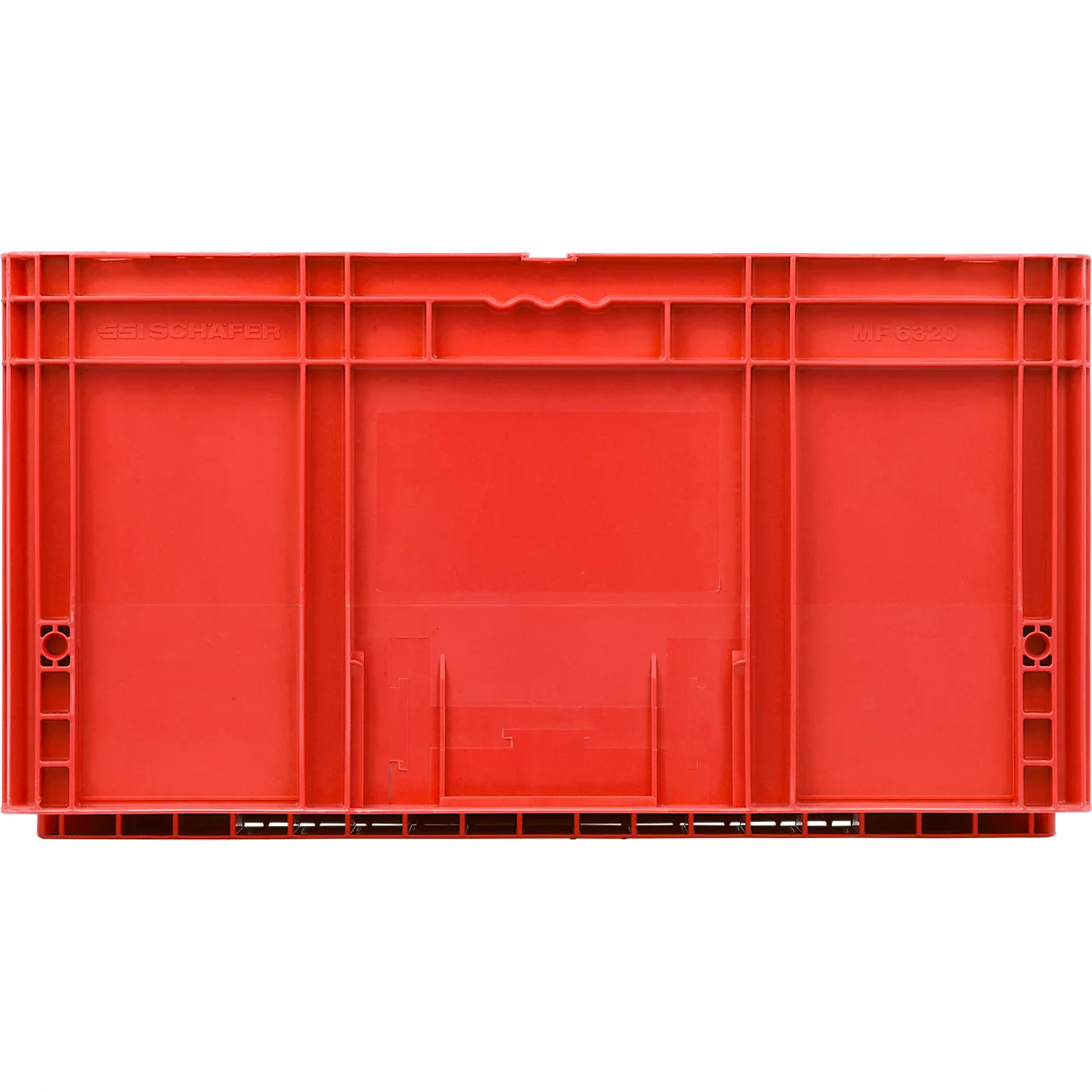 Rote, rechteckige Kunststoff-Stapelbox mit stabilisierenden Rippen und Griffmulden.
