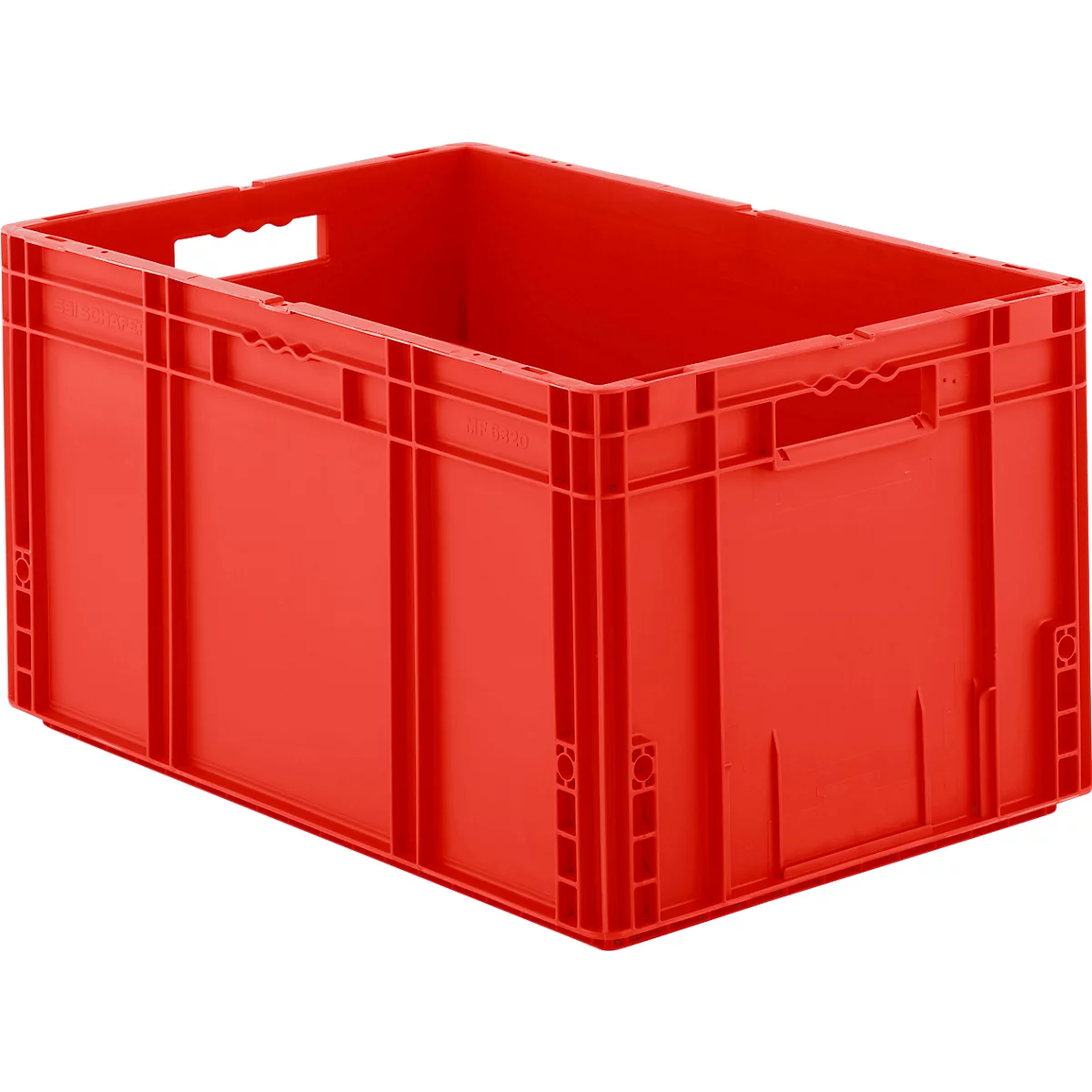Eine leere, leuchtend rote Kunststoff-Transportbox mit Griffmulden, isoliert vor weißem Hintergrund.