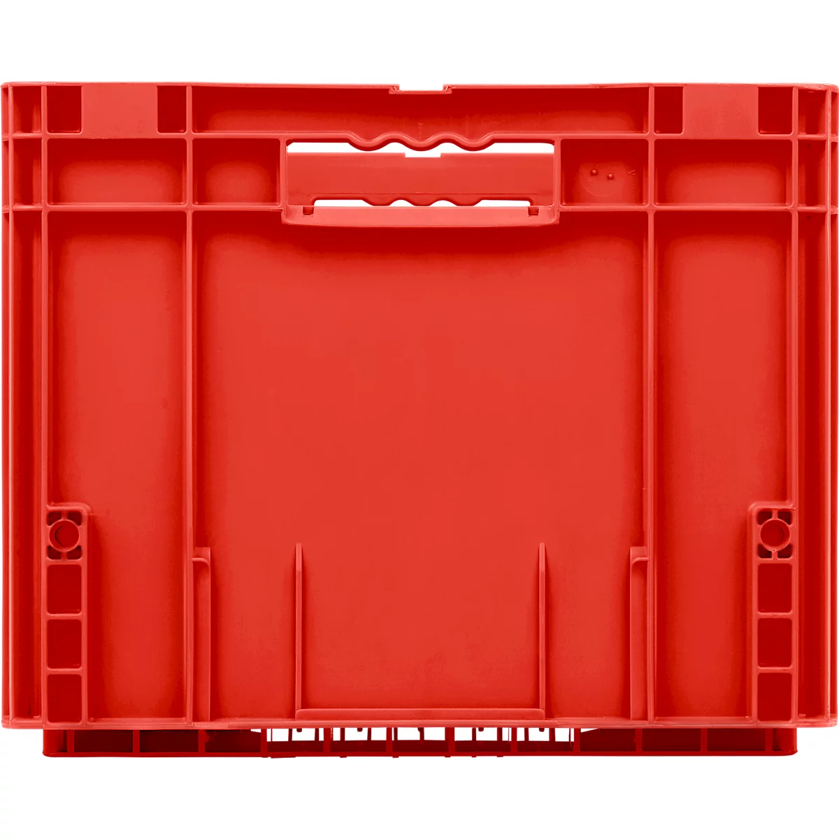 Rote Kunststoff-Transportbox mit Verstärkungsrippen und integriertem Griff an der Vorderseite.