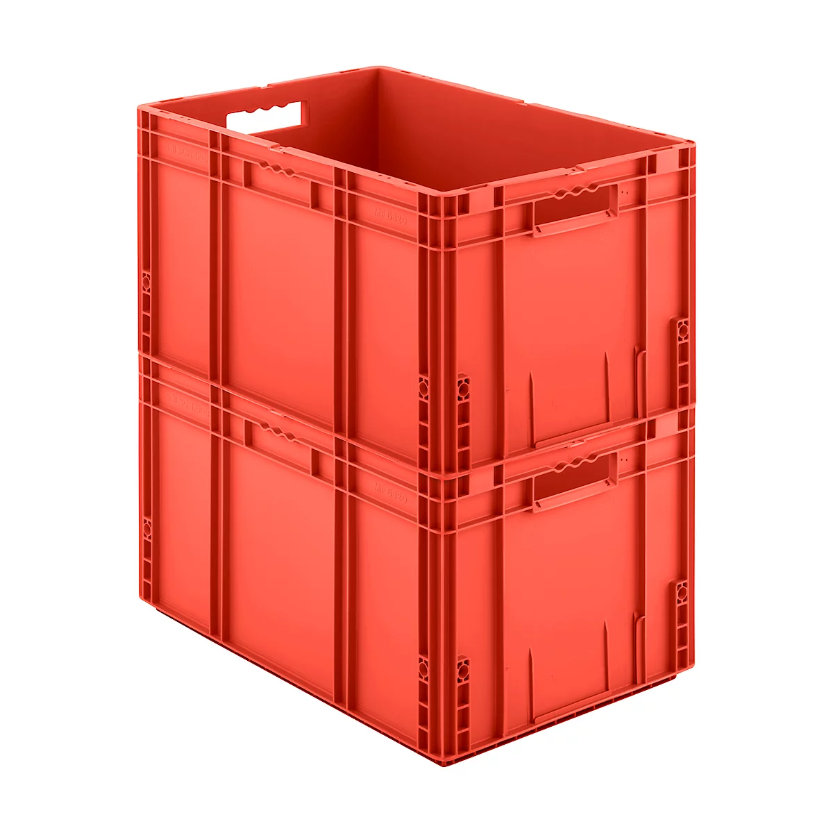 Zwei rote, stapelbare Kunststoff-Transportboxen vor weißem Hintergrund.