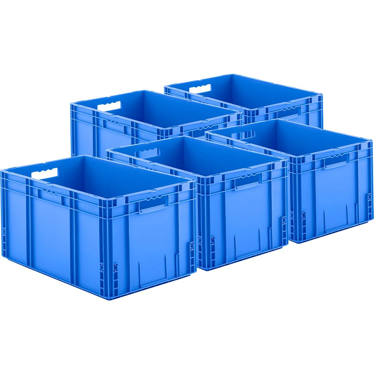 Six blue boxes arranged diagonally. Rectangular shape with handle openings.