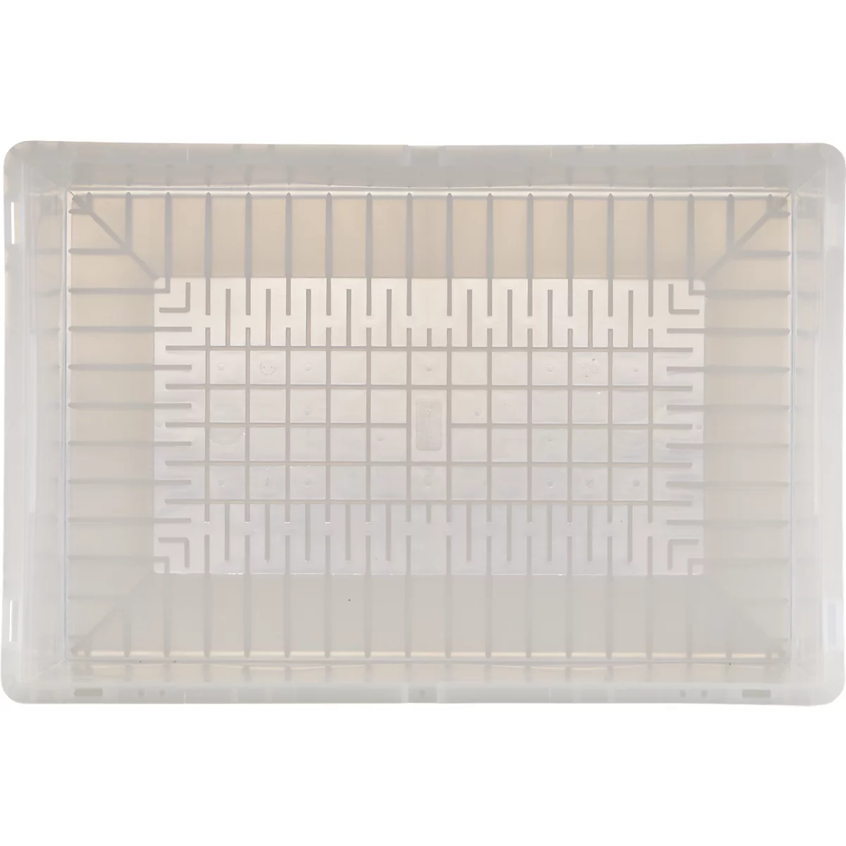 Récipient transparent avec un couvercle, présentant un motif en grille. La boîte a des lignes verticales et horizontales et des angles.