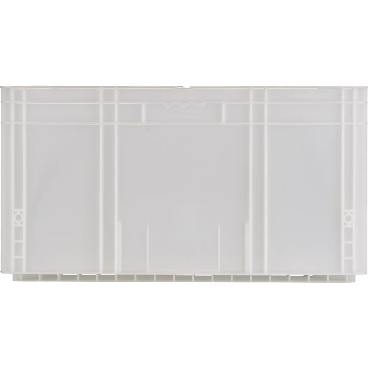Caisse en plastique blanc. Rectangulaire, avec des lignes verticales et horizontales renforcées. Bord supérieur avec motif en zigzag.