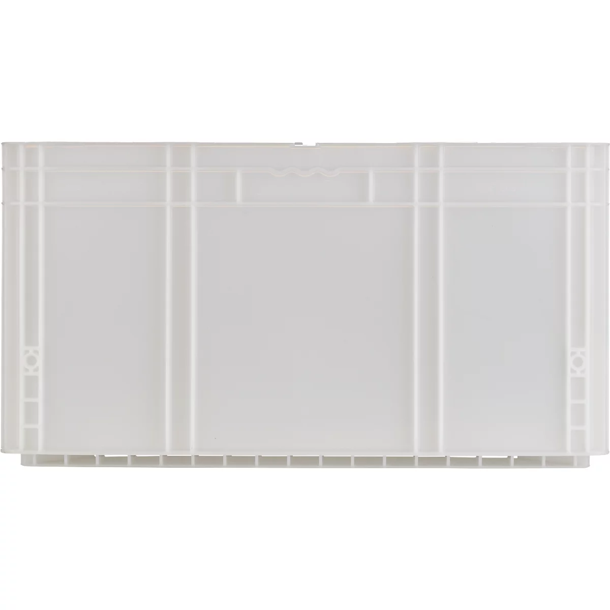Boîte en plastique blanche, rectangulaire avec encoche pour poignée et structure. Côtés et fond structurés.
