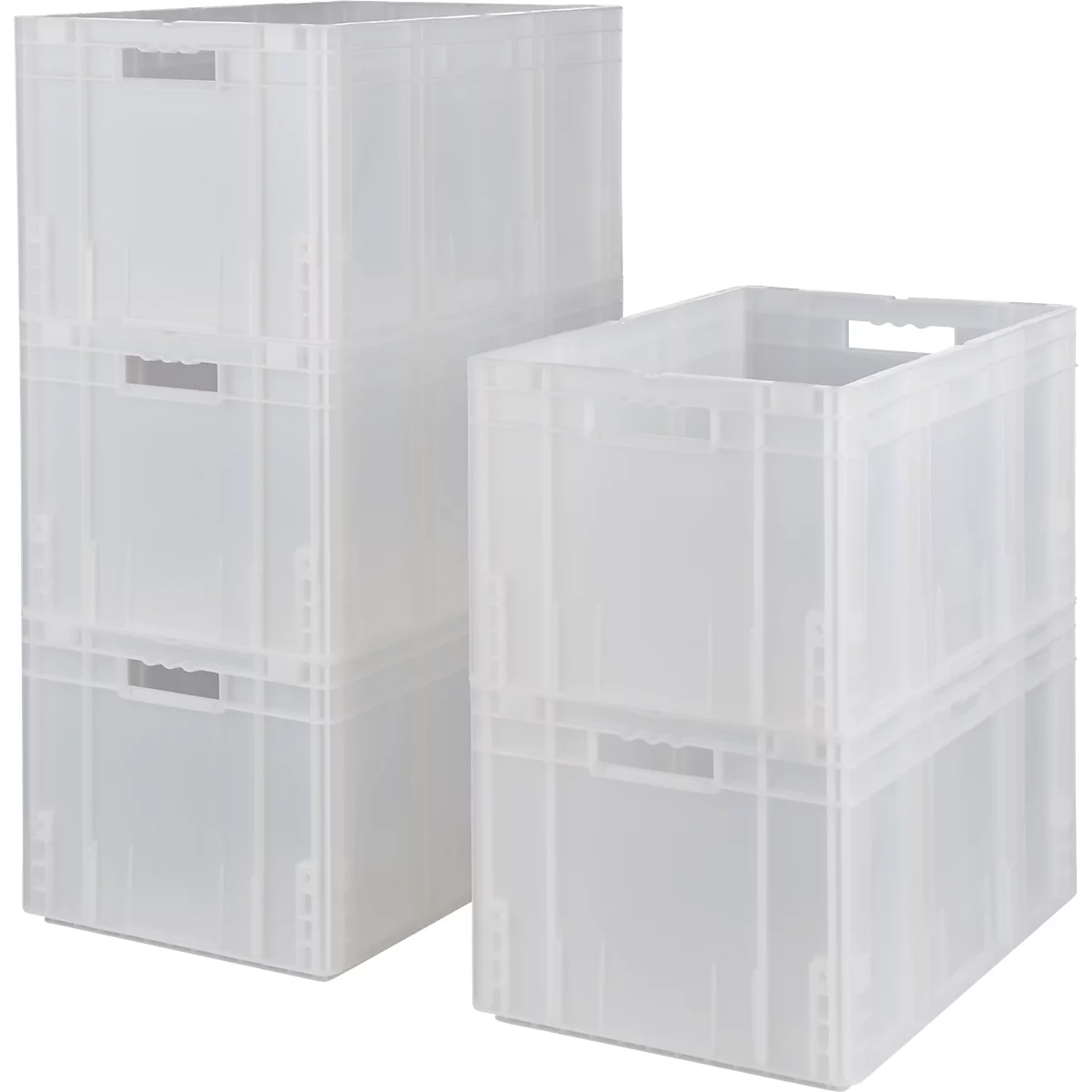 Plusieurs caisses en plastique transparentes, empilées. Les caisses ont des poignées, une avec un couvercle.