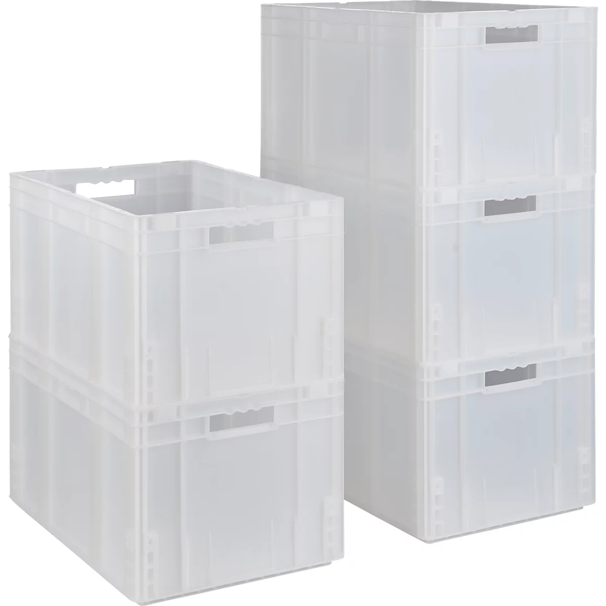 Deux boîtes en plastique transparent, empilées et avec poignées.