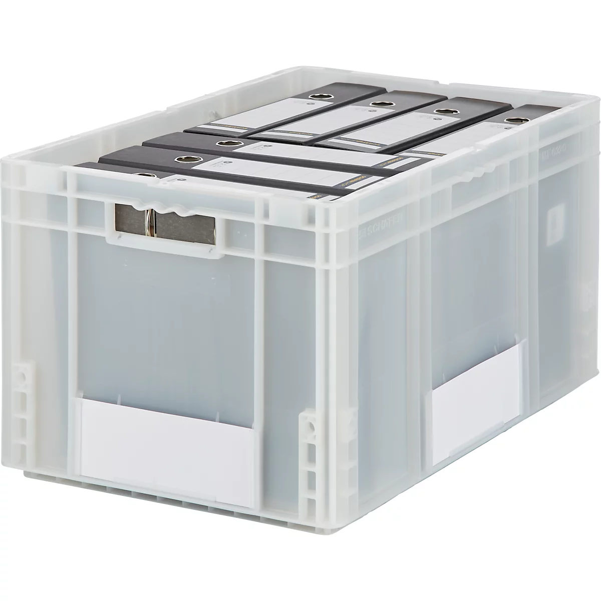 Transparante plastic doos met ordners. Verschillende zwarte ordners met witte etiketten liggen in een transparante doos.