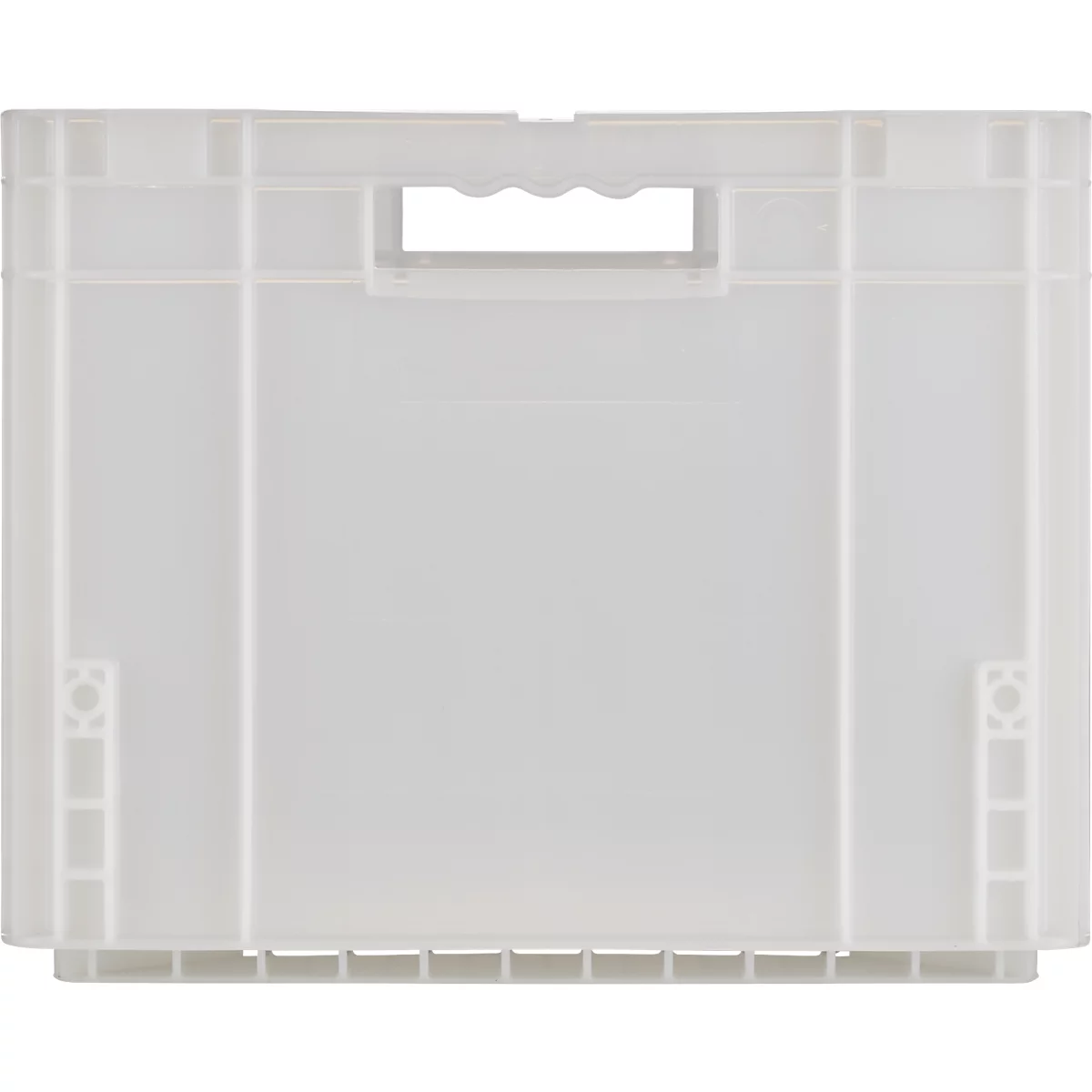 Een witte plastic doos met handvatopening en verstevigingen. De doos heeft een rechthoekige vorm.