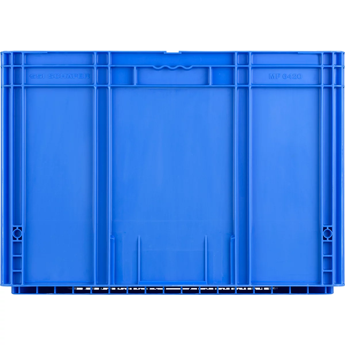 Blaue Kunststoff-Transportbox mit Verstärkungsrippen und Griffmulden in der Vorderansicht.