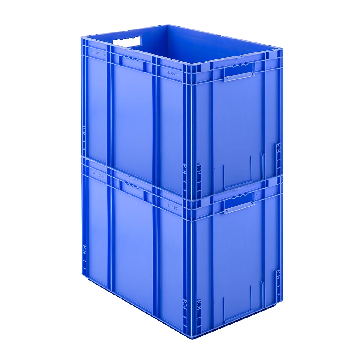 Zwei blaue Kunststoff-Stapelbehälter in einer Reihe übereinander vor einem weißen Hintergrund.