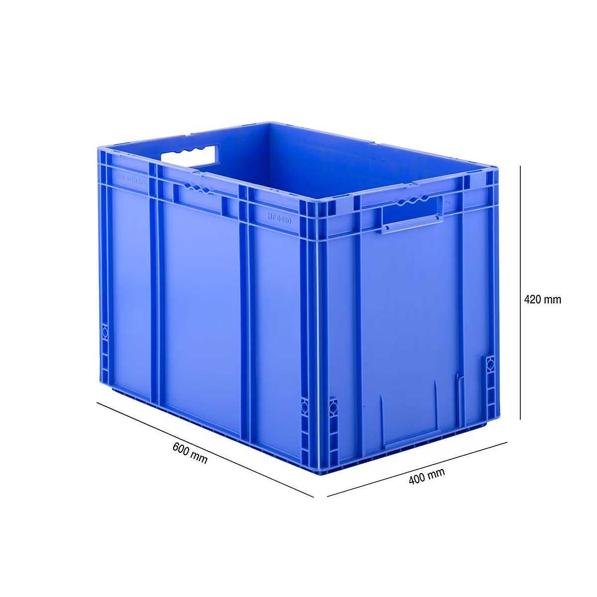 Blaue Kunststoff-Stapelbox mit den Maßen 600x400x420 mm auf weißem Hintergrund.